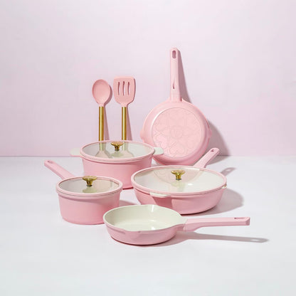 Paris Hilton Ceramic Nonstick Pots and Pans, Cookware Set, Cast Aluminum With Dual Layer Non Stick Coating, Made Without PFAS PFOA PFOS And PTFE, Dishwasher Safe, 10-Piece, Pink