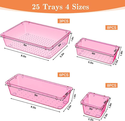 25 PCS Plastic Drawer Organizer, 4-Size Versatile Organizer Trays & storage Bins