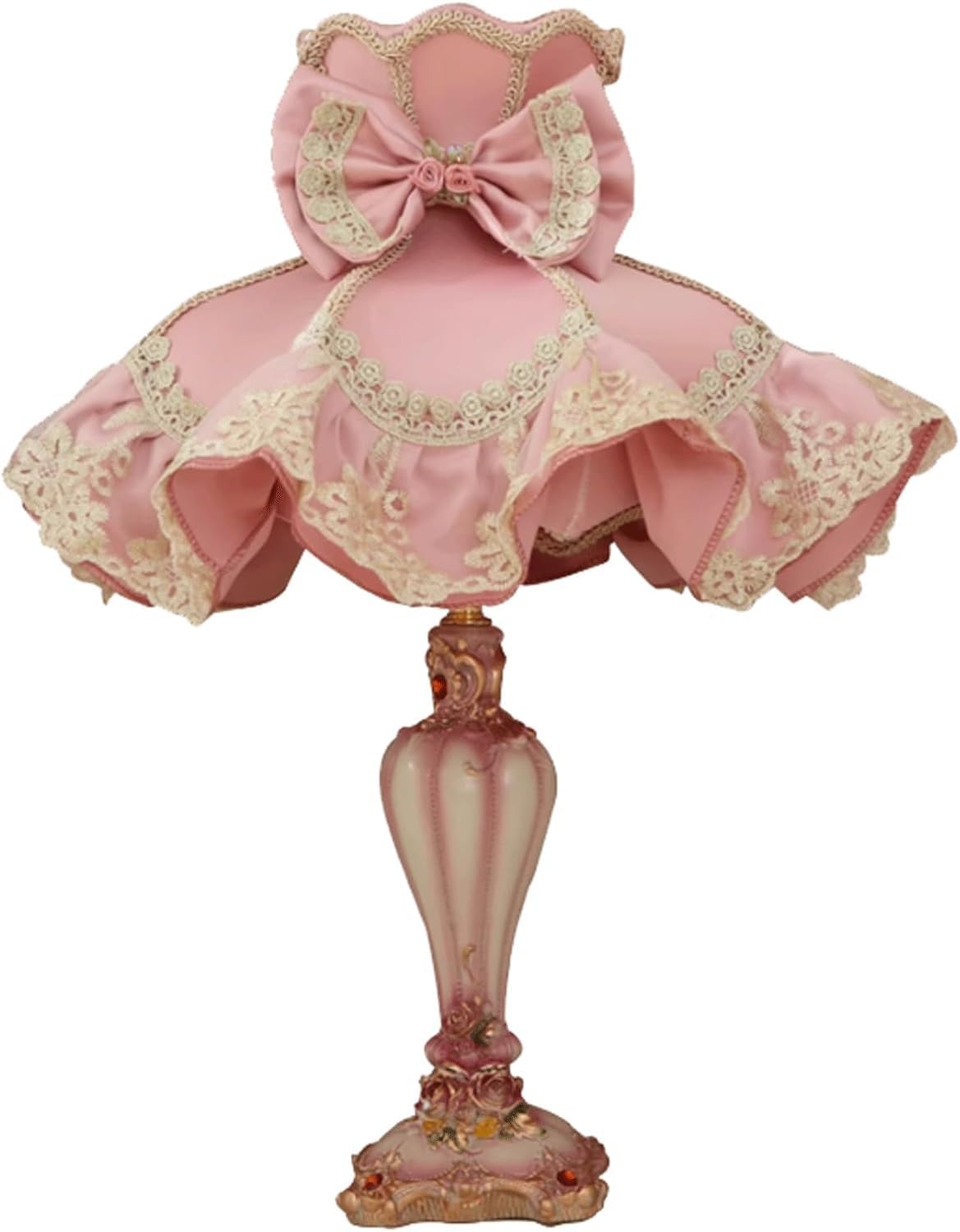 European Style Pink Table Lamp Fabric Drum Shade Victorian Antique Resin Base Decor Lace Bow Romantic Bedside Desk Nightstand Lamp for Girl's Bedroom Living Room Entryway Bookcase Night Light