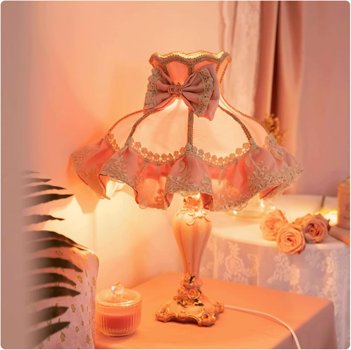 European Style Pink Table Lamp Fabric Drum Shade Victorian Antique Resin Base Decor Lace Bow Romantic Bedside Desk Nightstand Lamp for Girl's Bedroom Living Room Entryway Bookcase Night Light