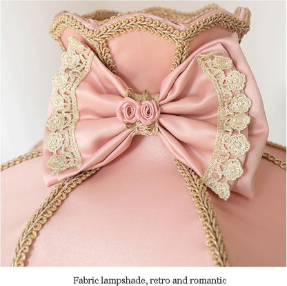 European Style Pink Table Lamp Fabric Drum Shade Victorian Antique Resin Base Decor Lace Bow Romantic Bedside Desk Nightstand Lamp for Girl's Bedroom Living Room Entryway Bookcase Night Light