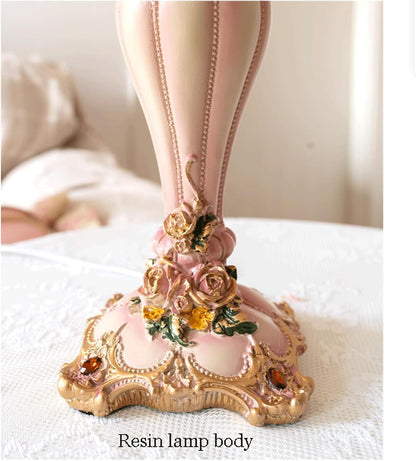 European Style Pink Table Lamp Fabric Drum Shade Victorian Antique Resin Base Decor Lace Bow Romantic Bedside Desk Nightstand Lamp for Girl's Bedroom Living Room Entryway Bookcase Night Light