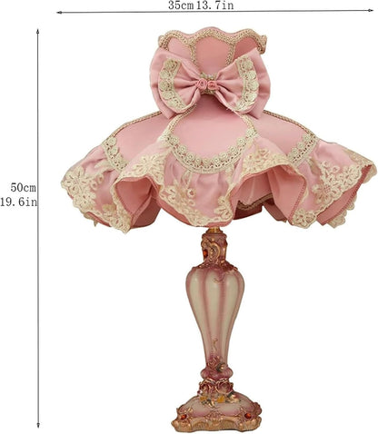 European Style Pink Table Lamp Fabric Drum Shade Victorian Antique Resin Base Decor Lace Bow Romantic Bedside Desk Nightstand Lamp for Girl's Bedroom Living Room Entryway Bookcase Night Light