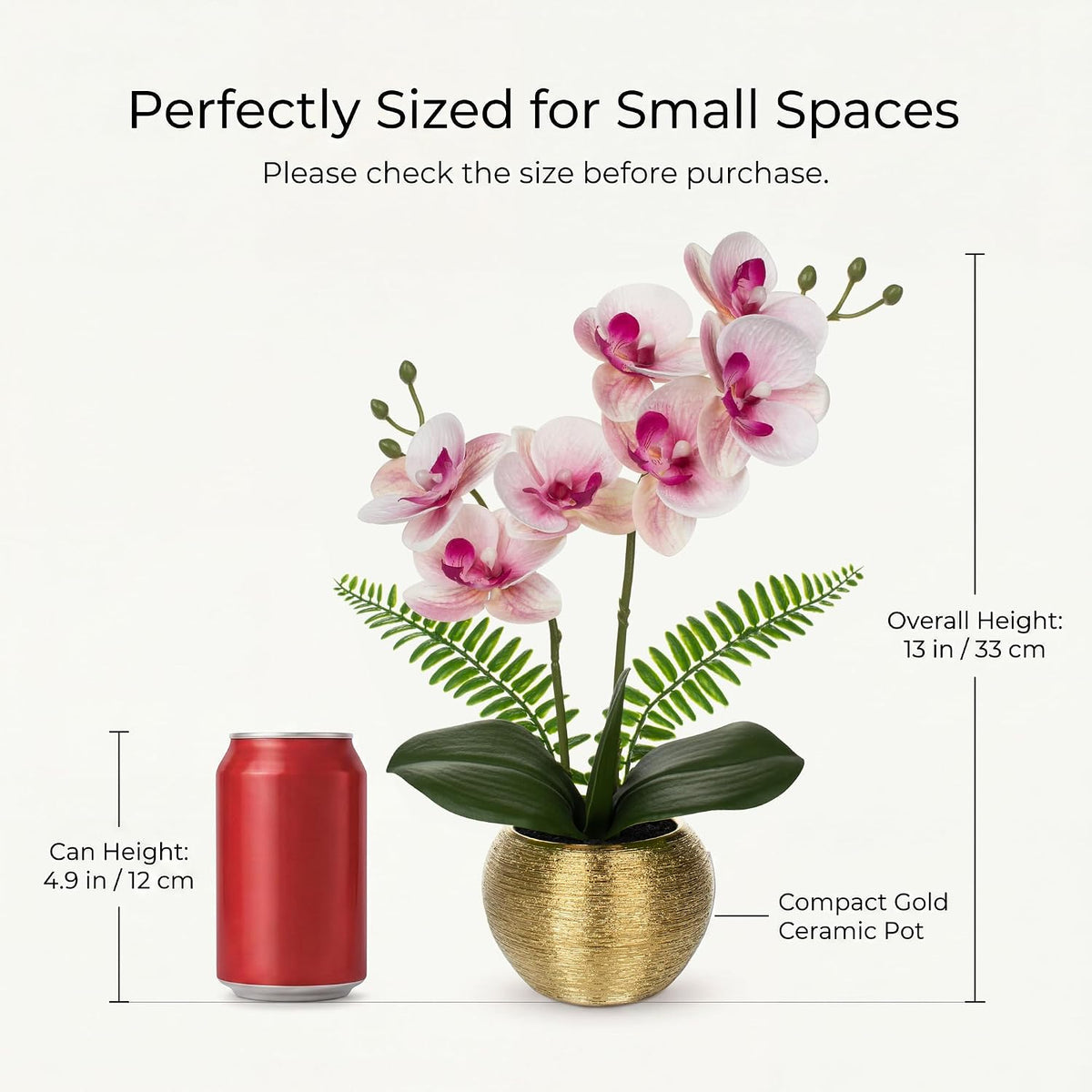 13" Small Artificial Orchid Flowers in Gold Ceramic Pot, Light Pink Faux Phalaenopsis Silk Orchid Arrangement Fake Orchid for Bathroom Vanity Bedroom Office Desk Shelf Nightstand Home Decor