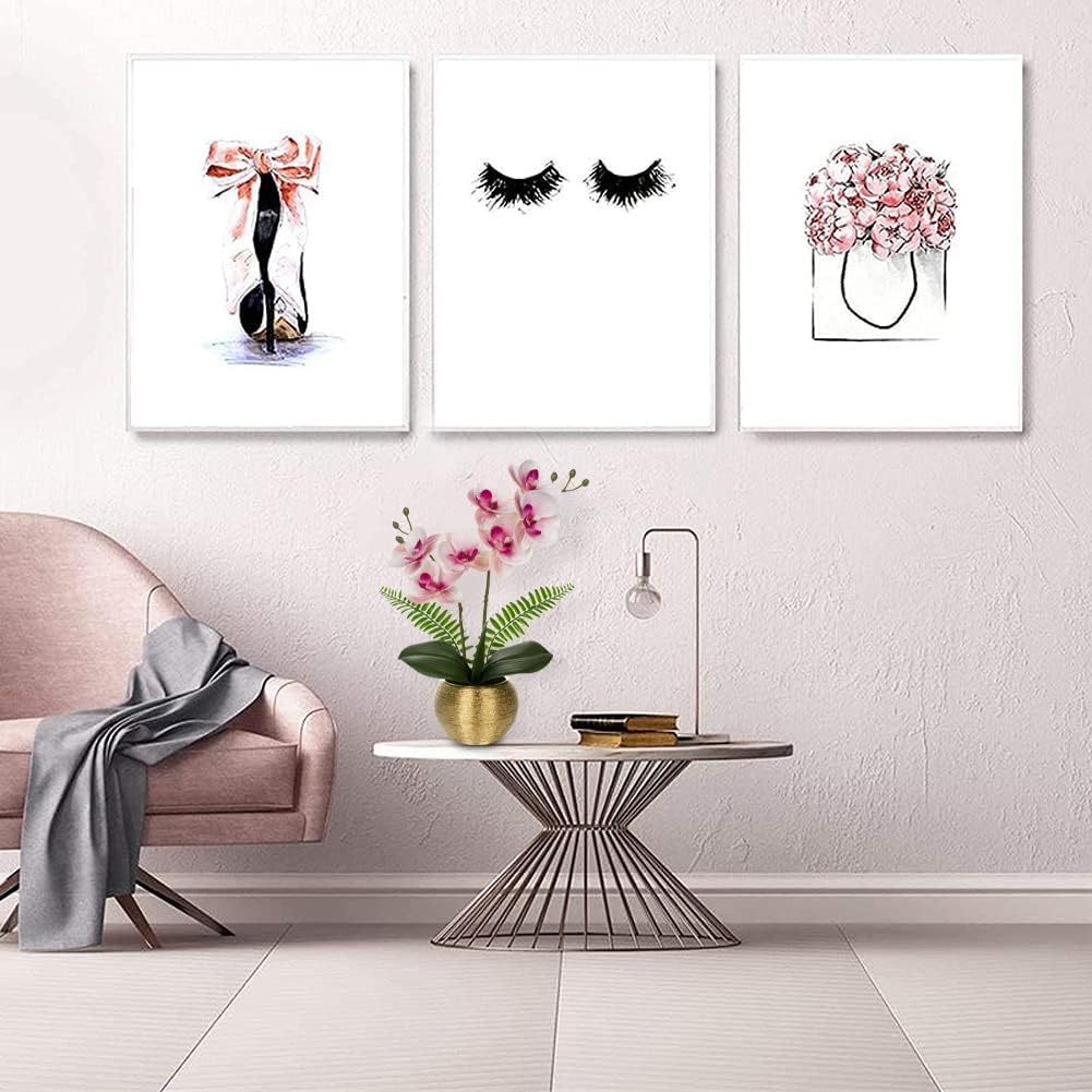 13" Small Artificial Orchid Flowers in Gold Ceramic Pot, Light Pink Faux Phalaenopsis Silk Orchid Arrangement Fake Orchid for Bathroom Vanity Bedroom Office Desk Shelf Nightstand Home Decor