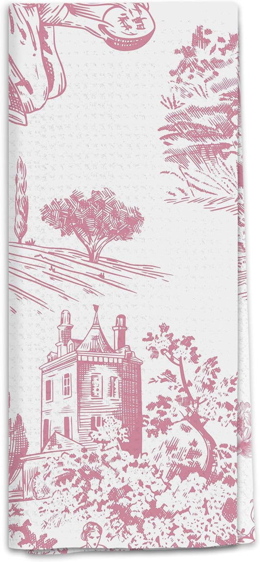 Pink French Country Kitchen Towels, Cottagecore Botanical Dish Tea Towels for Kitchen Decor, Vintage Rustic Toile de Jouy Decorative Hand Towel for Bathroom, 16x24 Inch