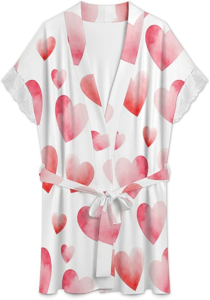 Watercolor Pink Hearts Robe Bride Robe Short Robes for Women