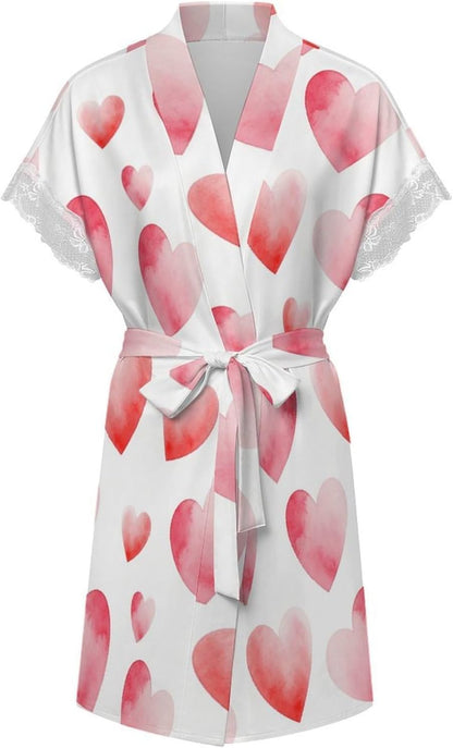 Watercolor Pink Hearts Robe Bride Robe Short Robes for Women