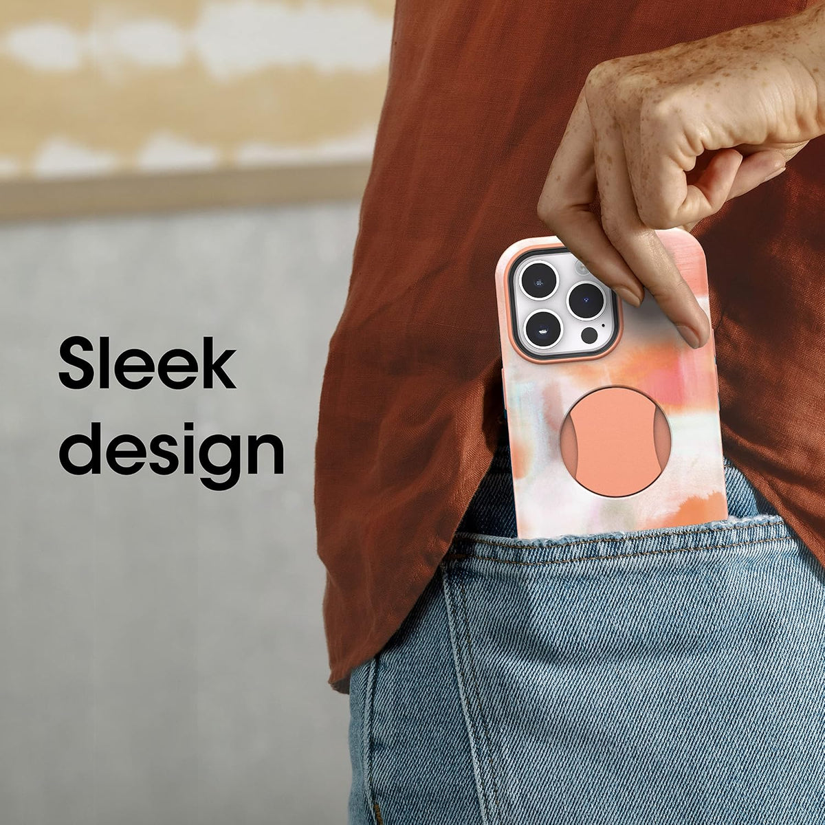 iPhone 14 Pro Max OtterGrip Symmetry Series Case - Peaches (Orange), Built-in Grip, Sleek case, Snaps to MagSafe, Raised Edges Protect Camera & Screen