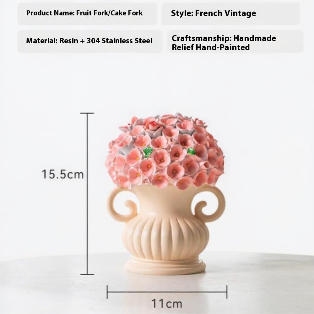 （8 Pieces）Cute Floral Decorative Fruit Fork Storage Set with Stainless Steel Forks and Holder for Home Use (Pink)