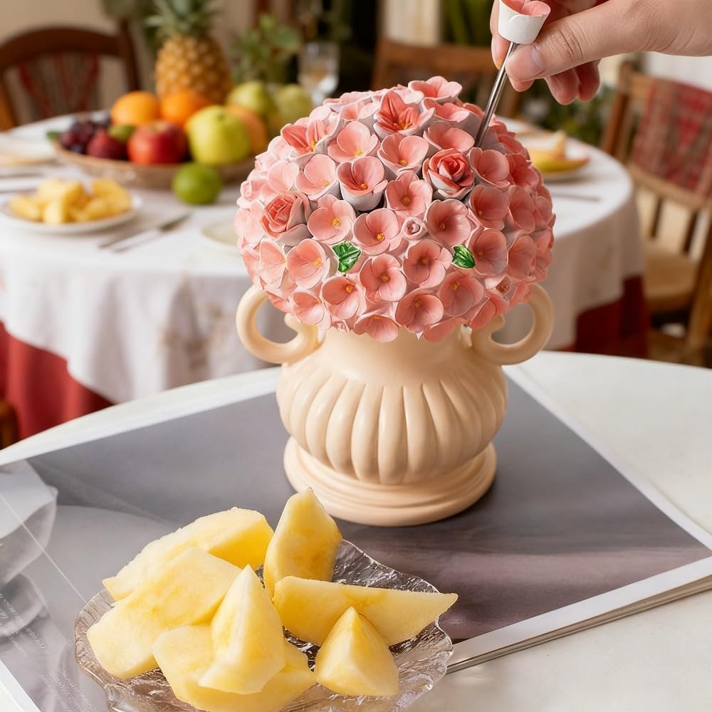（8 Pieces）Cute Floral Decorative Fruit Fork Storage Set with Stainless Steel Forks and Holder for Home Use (Pink)