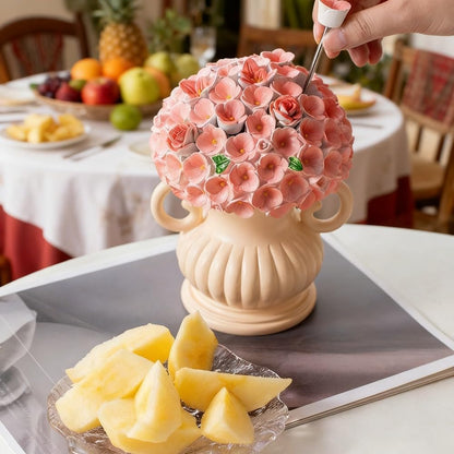 （8 Pieces）Cute Floral Decorative Fruit Fork Storage Set with Stainless Steel Forks and Holder for Home Use (Pink)