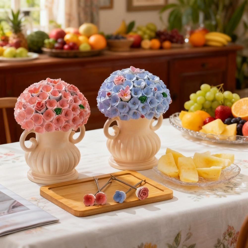 （8 Pieces）Cute Floral Decorative Fruit Fork Storage Set with Stainless Steel Forks and Holder for Home Use (Pink)