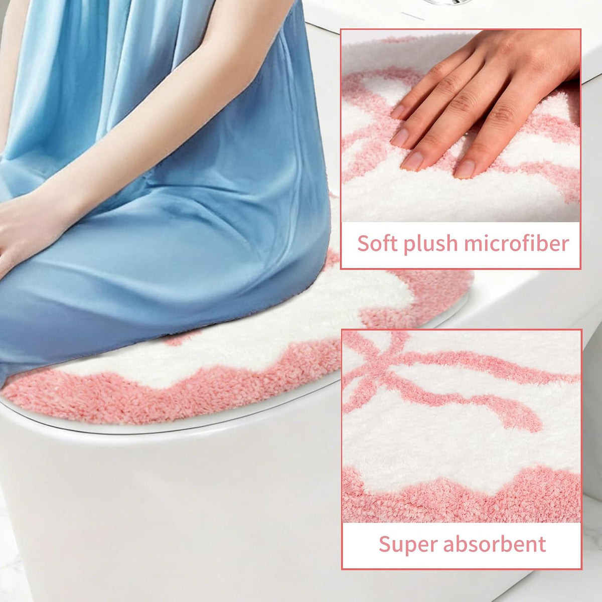 Pink Bow Bathroom Toilet Seat Cover Delicate Wavy Edge Cute Bow Toilet Seat Cover 17.5“ x 15” Machine Washable Stylish and Soft Bathroom Decor Fits Most Round, Oval, and Rectangular Toilet Seats