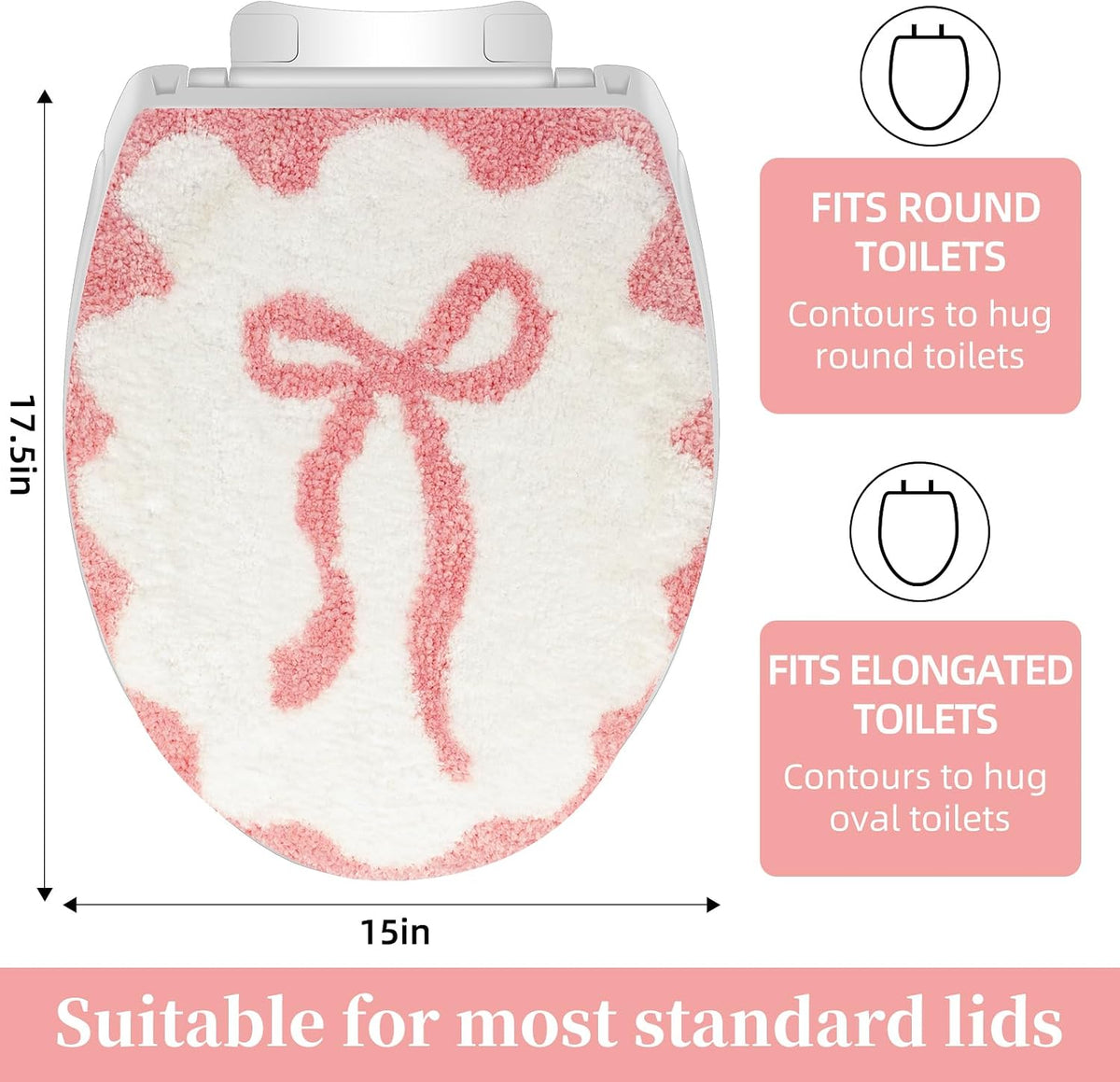 Pink Bow Bathroom Toilet Seat Cover Delicate Wavy Edge Cute Bow Toilet Seat Cover 17.5“ x 15” Machine Washable Stylish and Soft Bathroom Decor Fits Most Round, Oval, and Rectangular Toilet Seats