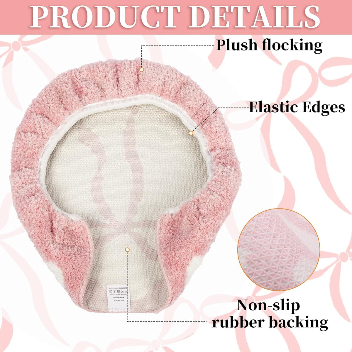 Pink Bow Bathroom Toilet Seat Cover Delicate Wavy Edge Cute Bow Toilet Seat Cover 17.5“ x 15” Machine Washable Stylish and Soft Bathroom Decor Fits Most Round, Oval, and Rectangular Toilet Seats