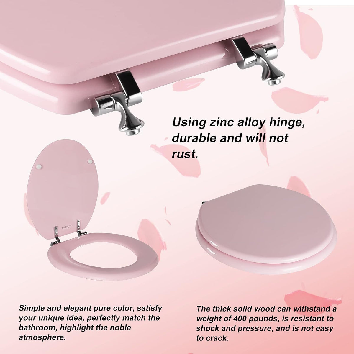 Wood Toilet Seat, Zinc Alloy Hinges (Round, Pink)