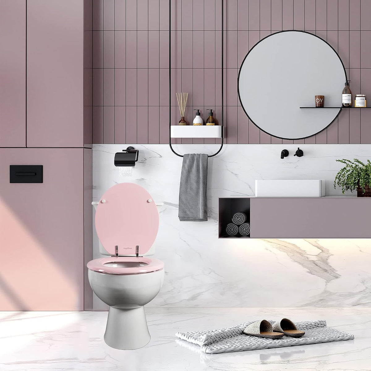 Wood Toilet Seat, Zinc Alloy Hinges (Round, Pink)