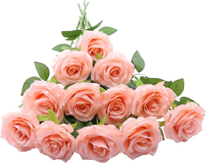 12pcs Artificial Rose Flower Coral Peach Flower with Long Stem Silk Roses Bouquet for Wedding Bridal Shower Party Home Decoration