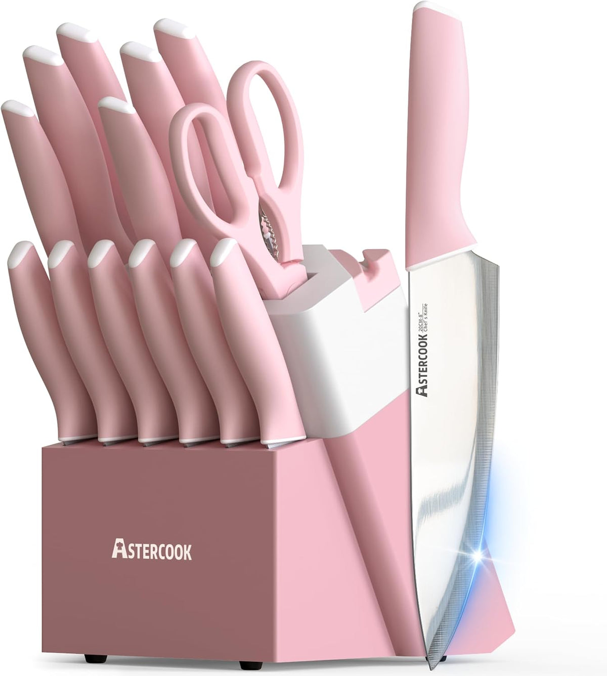 Knife Set, Kitchen Knives Set with Block and Sharpener 15 Pcs German Stainless Steel Sharp Blade Dishwasher Safe with Ergonomic Handle, Crystal Pink