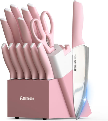 Knife Set, Kitchen Knives Set with Block and Sharpener 15 Pcs German Stainless Steel Sharp Blade Dishwasher Safe with Ergonomic Handle, Crystal Pink
