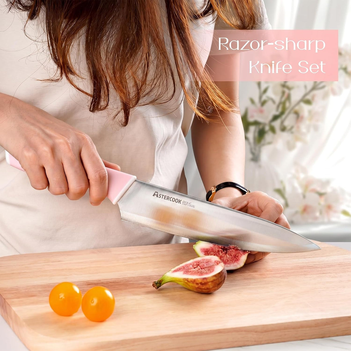 Knife Set, Kitchen Knives Set with Block and Sharpener 15 Pcs German Stainless Steel Sharp Blade Dishwasher Safe with Ergonomic Handle, Crystal Pink