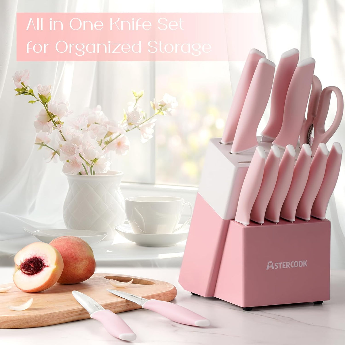 Knife Set, Kitchen Knives Set with Block and Sharpener 15 Pcs German Stainless Steel Sharp Blade Dishwasher Safe with Ergonomic Handle, Crystal Pink