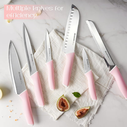 Knife Set, Kitchen Knives Set with Block and Sharpener 15 Pcs German Stainless Steel Sharp Blade Dishwasher Safe with Ergonomic Handle, Crystal Pink