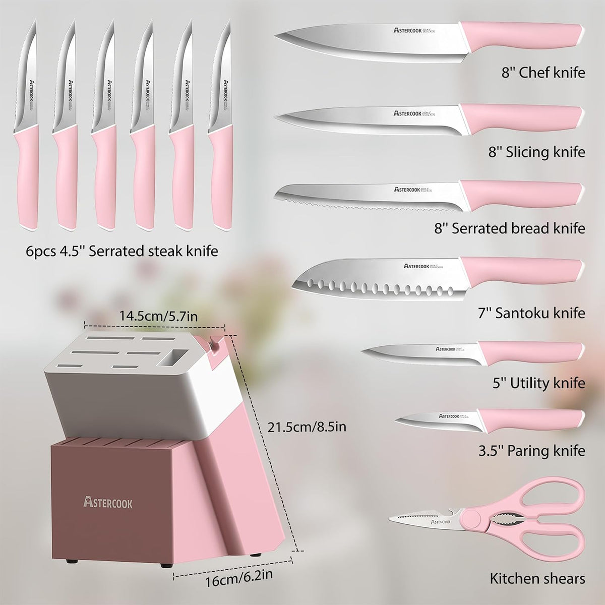 Knife Set, Kitchen Knives Set with Block and Sharpener 15 Pcs German Stainless Steel Sharp Blade Dishwasher Safe with Ergonomic Handle, Crystal Pink