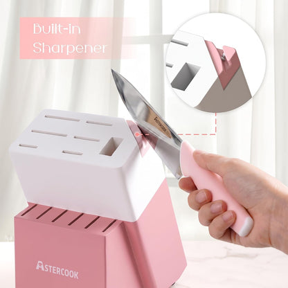 Knife Set, Kitchen Knives Set with Block and Sharpener 15 Pcs German Stainless Steel Sharp Blade Dishwasher Safe with Ergonomic Handle, Crystal Pink