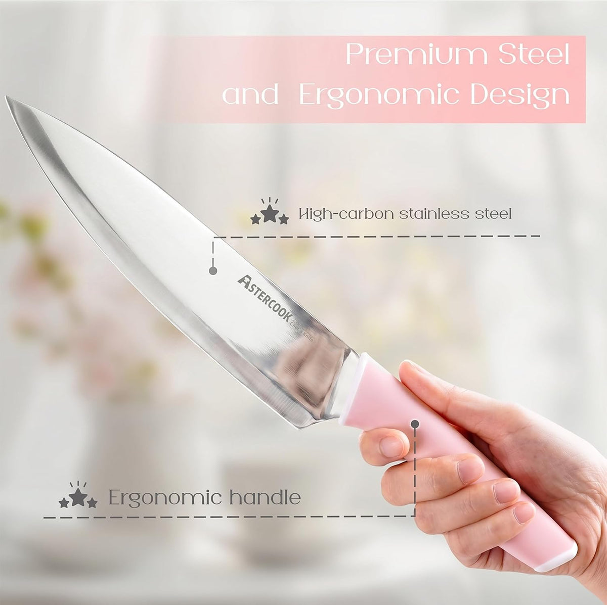 Knife Set, Kitchen Knives Set with Block and Sharpener 15 Pcs German Stainless Steel Sharp Blade Dishwasher Safe with Ergonomic Handle, Crystal Pink