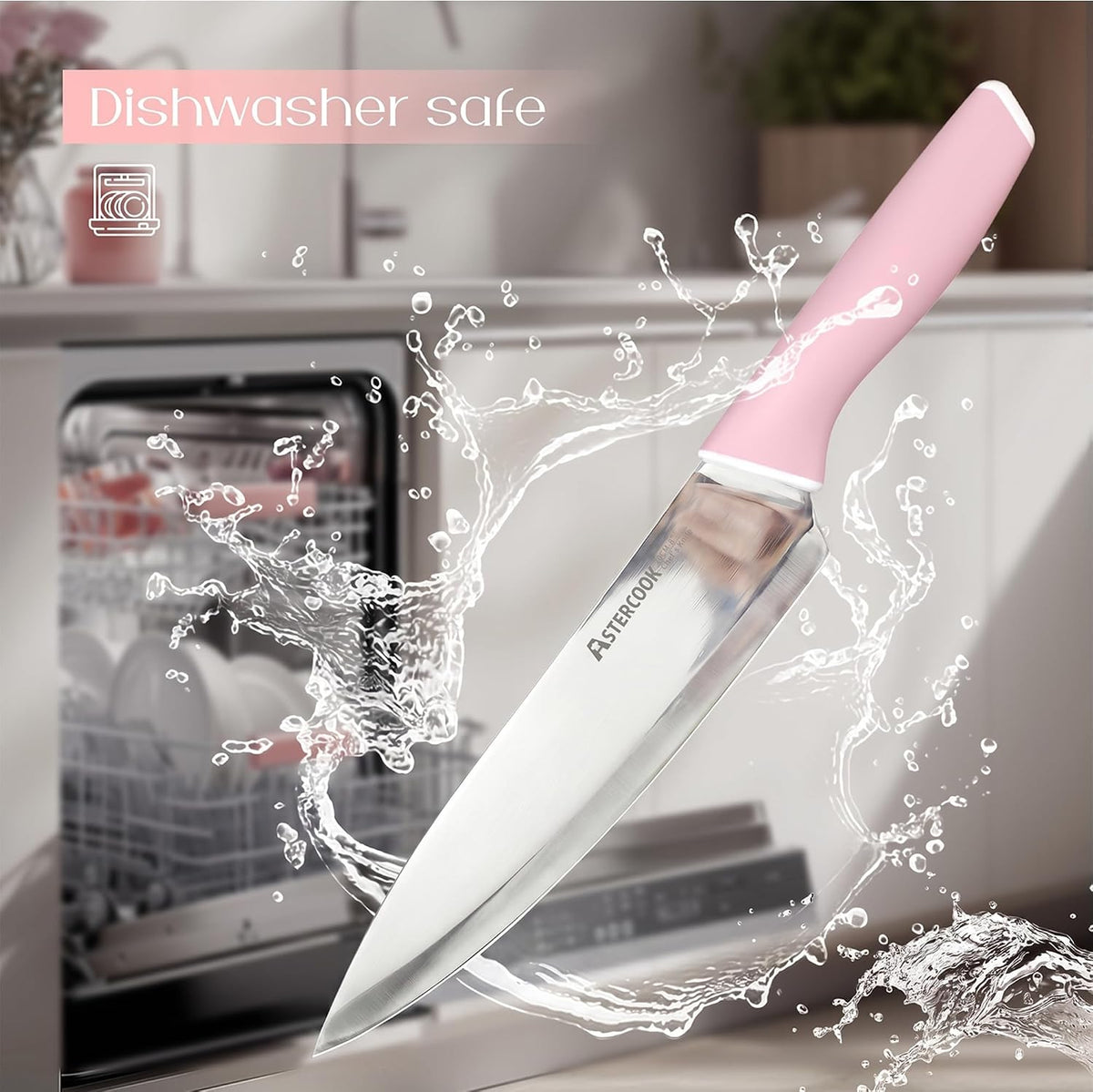 Knife Set, Kitchen Knives Set with Block and Sharpener 15 Pcs German Stainless Steel Sharp Blade Dishwasher Safe with Ergonomic Handle, Crystal Pink