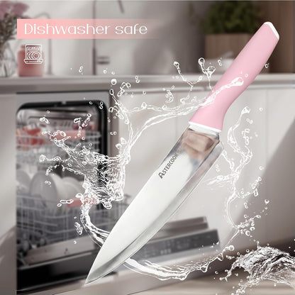 Knife Set, Kitchen Knives Set with Block and Sharpener 15 Pcs German Stainless Steel Sharp Blade Dishwasher Safe with Ergonomic Handle, Crystal Pink