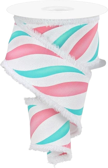 RG Ribbon 2.5" Pastel Peppermint Swirls with Snow Drift Edges, 10 Yards, Wired - White, Pink, Blue, Mint Green - for Christmas Bows, Wreaths, Crafts, and Decorations