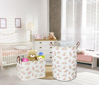 Rectangular Pink Flower Basket for Girls, Storage Bin with Handles, Room Decor, Gift Basket(Pink Flower)