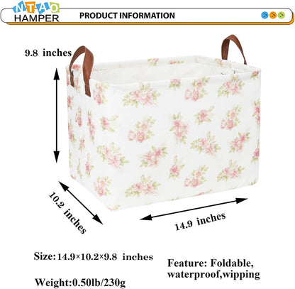 Rectangular Pink Flower Basket for Girls, Storage Bin with Handles, Room Decor, Gift Basket(Pink Flower)
