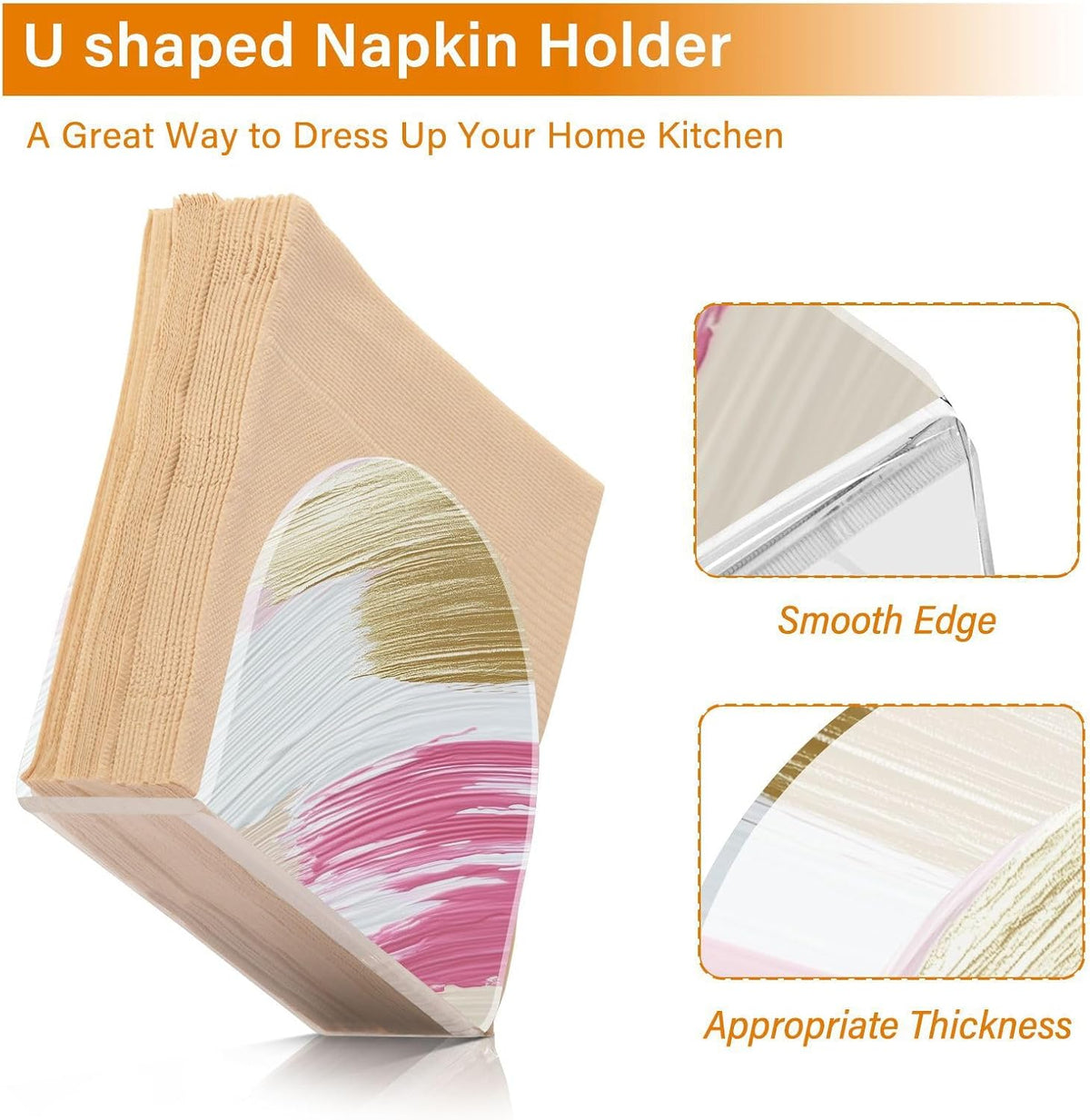 Pink Gold Brush Strokes Napkin Holder for Tables, Kitchen Acrylic Paper Napkin Holders Freestanding Tissue Dispenser Paper for Indoor Outdoor Decor