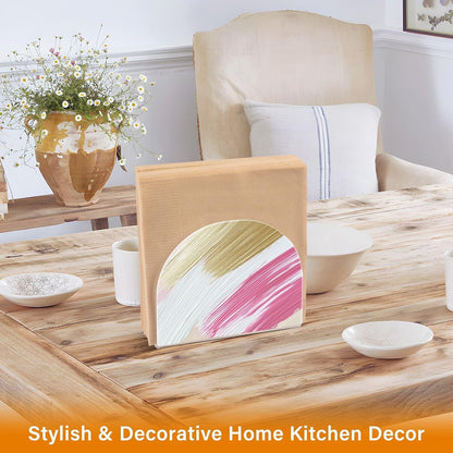 Pink Gold Brush Strokes Napkin Holder for Tables, Kitchen Acrylic Paper Napkin Holders Freestanding Tissue Dispenser Paper for Indoor Outdoor Decor