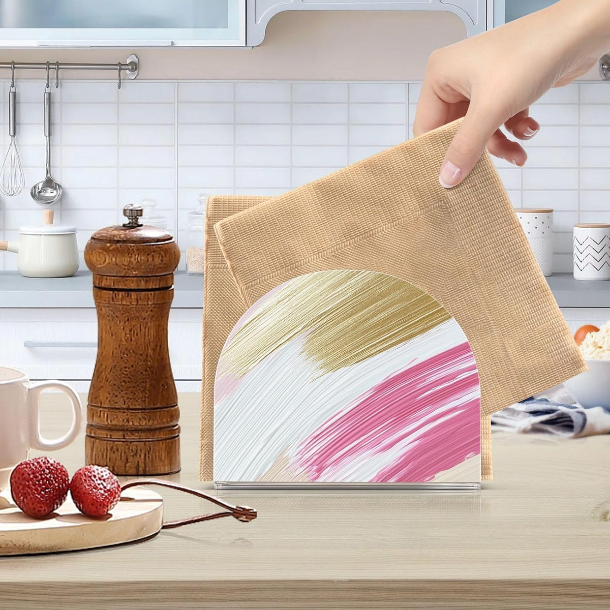 Pink Gold Brush Strokes Napkin Holder for Tables, Kitchen Acrylic Paper Napkin Holders Freestanding Tissue Dispenser Paper for Indoor Outdoor Decor