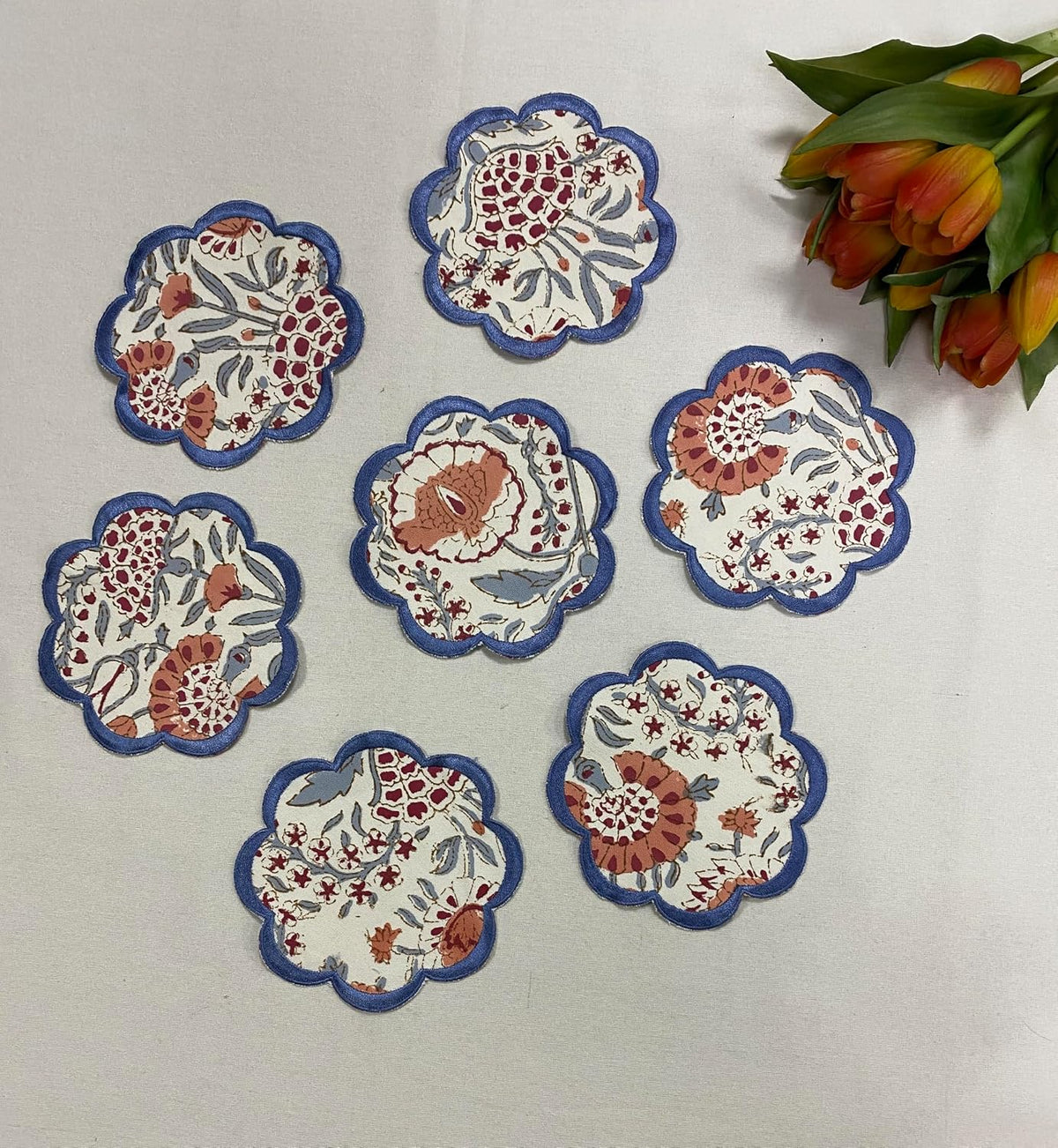 8-Pcs 100% Cotton Hand Block Print Drink Coasters 5" in Blue & Pink