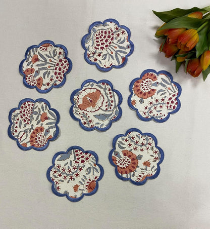 8-Pcs 100% Cotton Hand Block Print Drink Coasters 5" in Blue & Pink