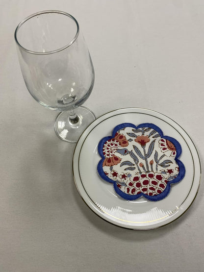 8-Pcs 100% Cotton Hand Block Print Drink Coasters 5" in Blue & Pink