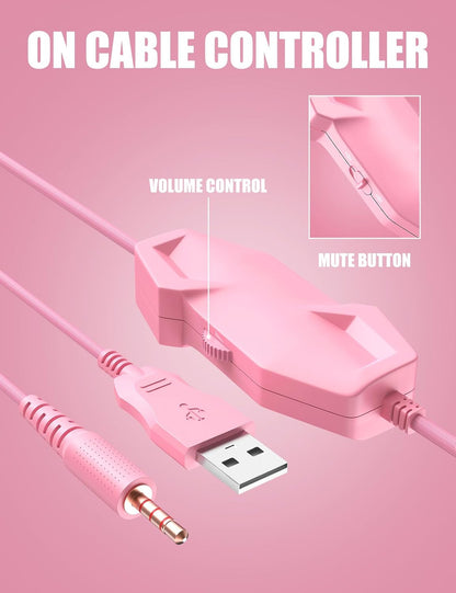 Wired Pink Gaming Headset for PC, PS5, PS4, Xbox Series X|S