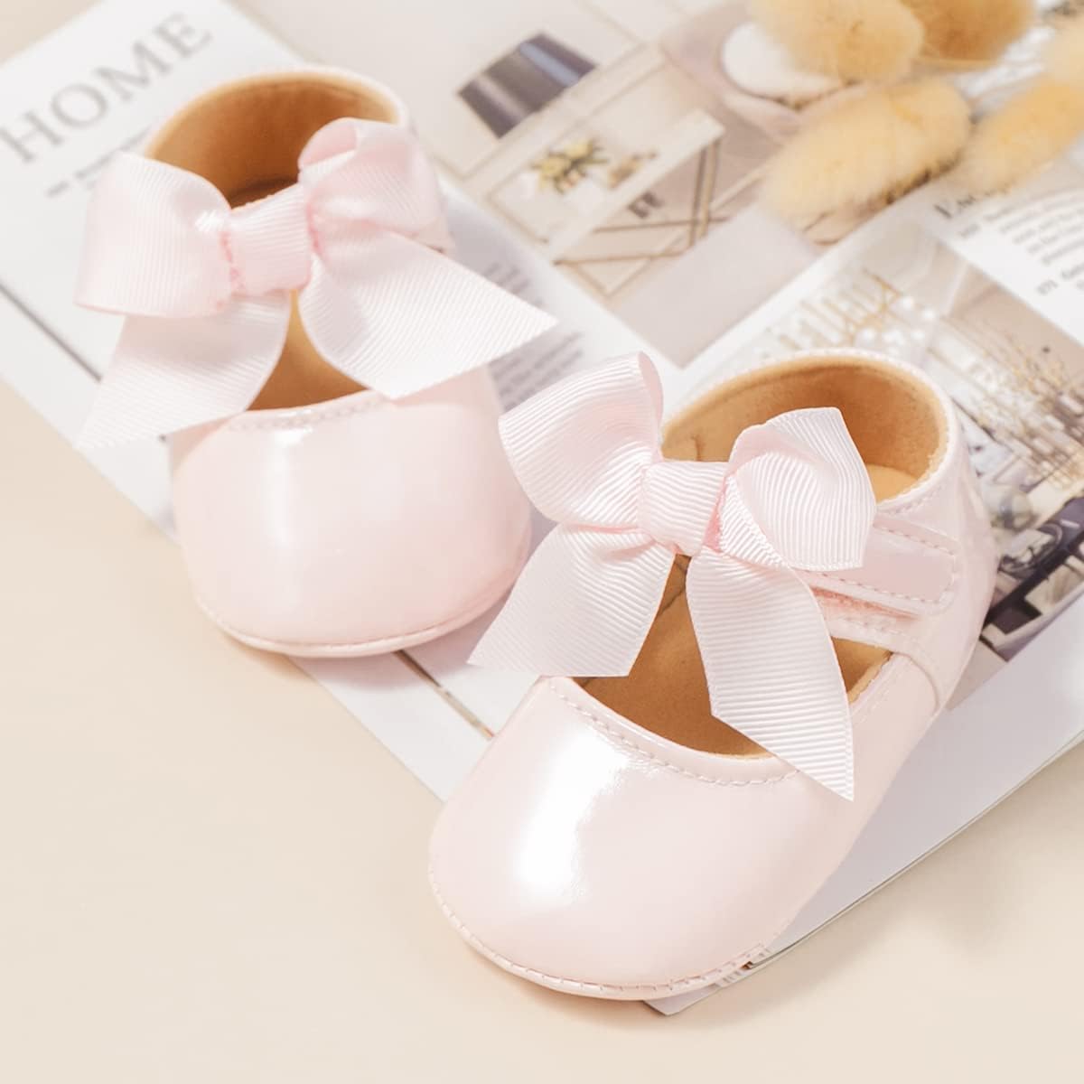 Baby Mary Jane Flats for Girls with Bowknot Cotton Anti Skid Sole Infant First Walker Princess Dress Crib Wedding Shoes