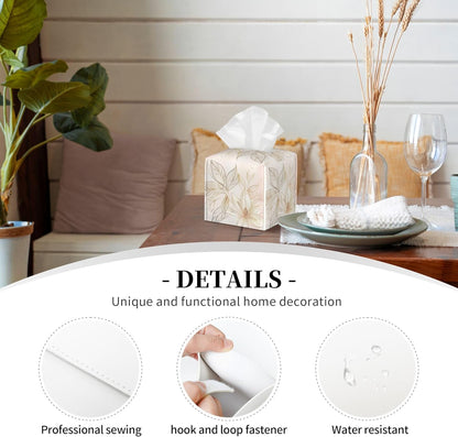 Tissue Box Cover,Pink Golden Boho Minimalist Flowers Pu Leather Square Tissue Box Cover Case Decorative Organizer for Bathroom Vanity Countertop Night Stands Office Desk & Car 5.2X5.2X5.2''
