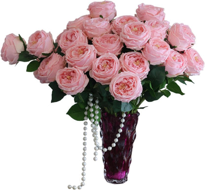 6Pcs Pink Artificial Roses, Real Touch Silk Austin Rose Bouquet, Fake Peony Flowers for Wedding & Home Decor（Pink