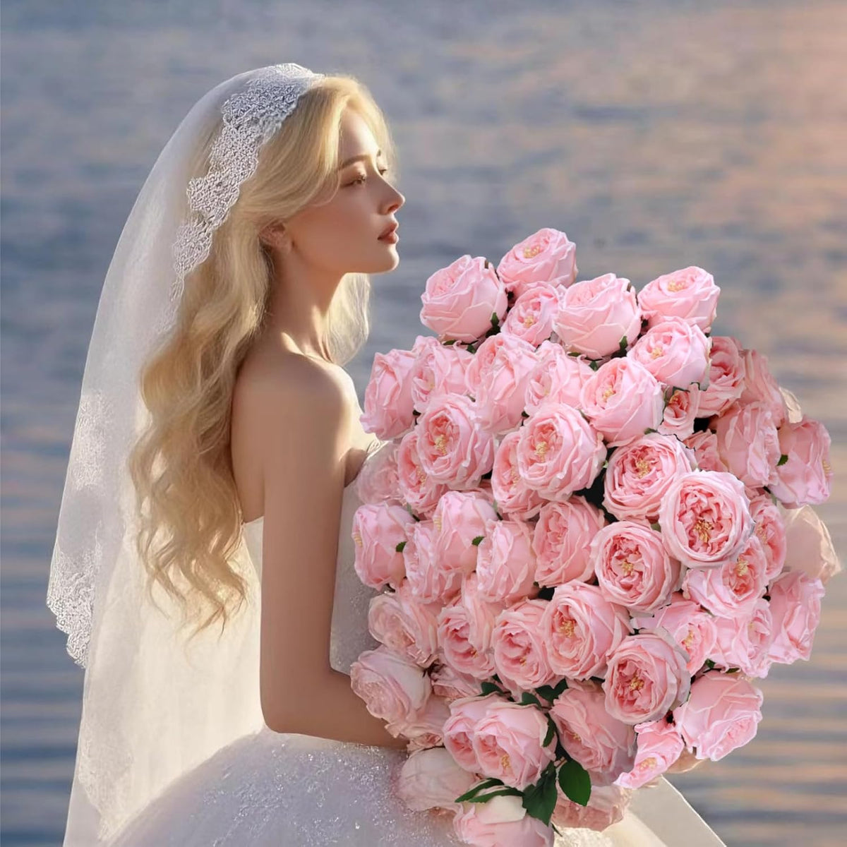 6Pcs Pink Artificial Roses, Real Touch Silk Austin Rose Bouquet, Fake Peony Flowers for Wedding & Home Decor（Pink