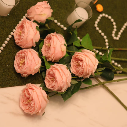 6Pcs Pink Artificial Roses, Real Touch Silk Austin Rose Bouquet, Fake Peony Flowers for Wedding & Home Decor（Pink