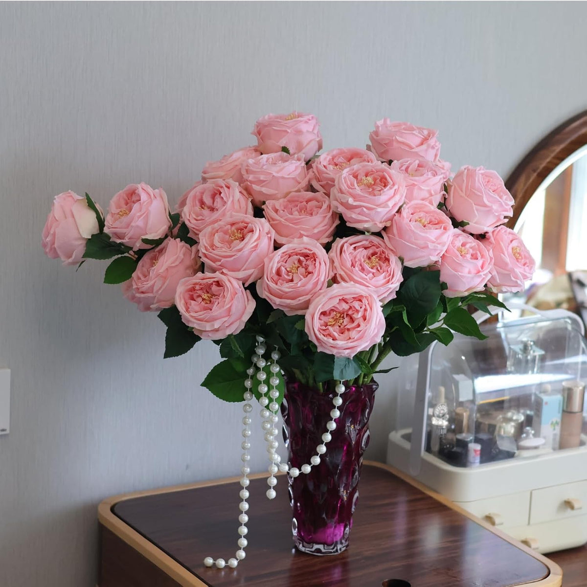 6Pcs Pink Artificial Roses, Real Touch Silk Austin Rose Bouquet, Fake Peony Flowers for Wedding & Home Decor（Pink
