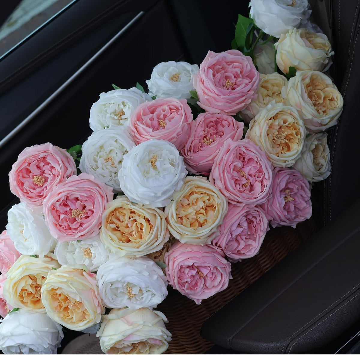 6Pcs Pink Artificial Roses, Real Touch Silk Austin Rose Bouquet, Fake Peony Flowers for Wedding & Home Decor（Pink